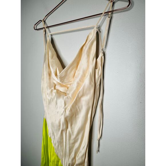 SAN SLOANE White Lime Green Satin Slip Style Cowl Neck Dress Size Small - Picture 8 of 14